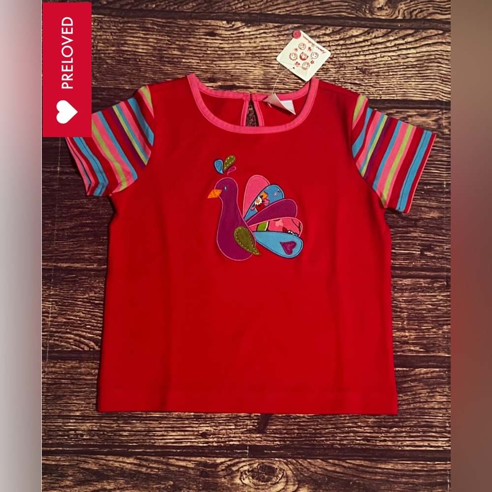 Hanna Andersson Red Shirt with Colorful Bird and Striped Sleeves